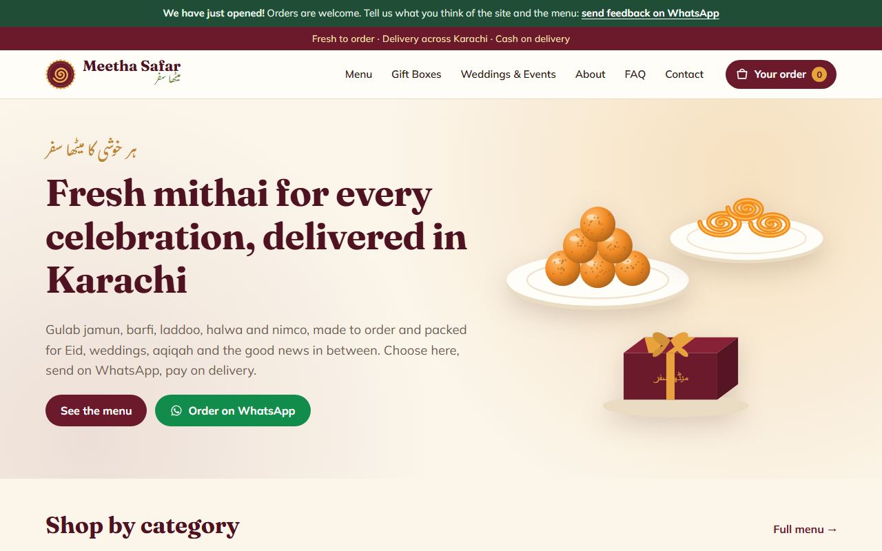 Home page of the Meetha Safar sweets website
