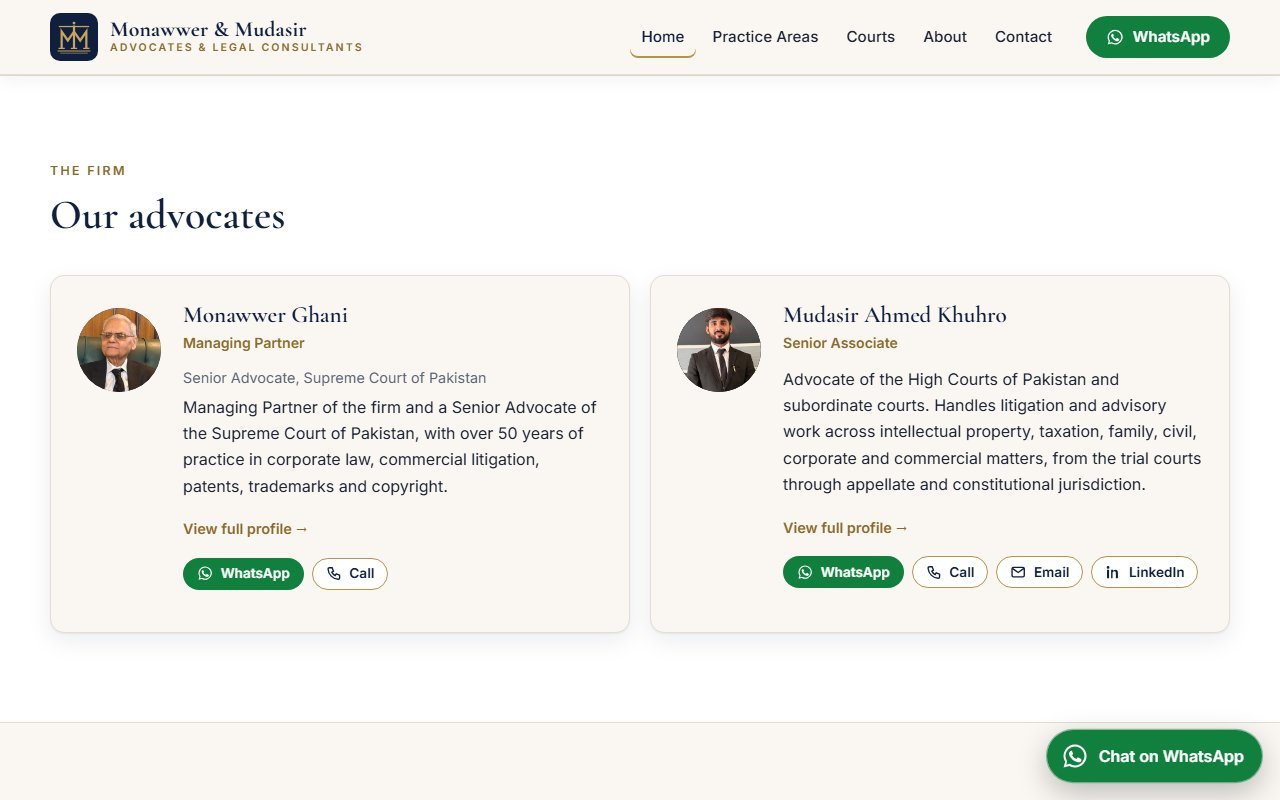 The Monawwer & Mudasir Advocates website: the advocates section, with photos of Managing Partner Monawwer Ghani and Senior Associate Mudasir Ahmed Khuhro